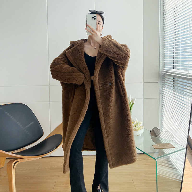 Teddy coat with hood, mid-length, women's