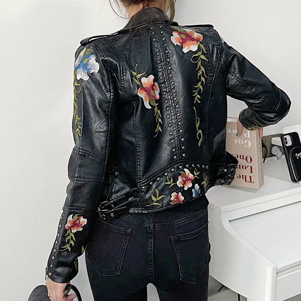 Mune | Women's leather jacket with stud accent and floral pattern