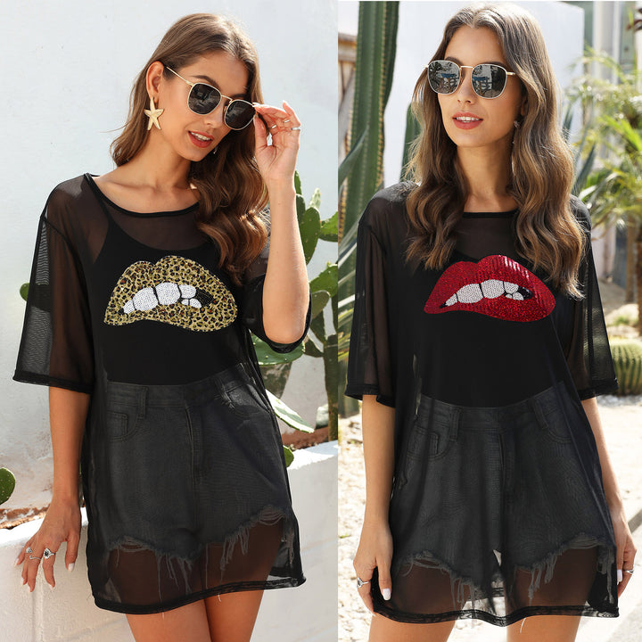Women's stylish beach top with glittering lip motif Mune Fashion