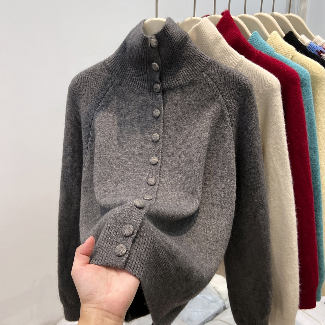 Ladies' cardigan with standing collar and button placket