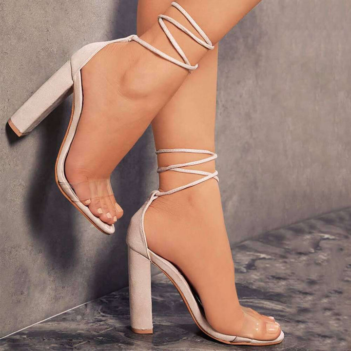 Women's ankle-tied block heel sandal with PVC front straps and padded comfort footbed Mune Fashion
