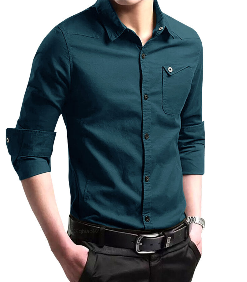 Men's Slim-Fit Cotton Shirt with Roll-Up Sleeves and Chest Pocket Mune Fashion