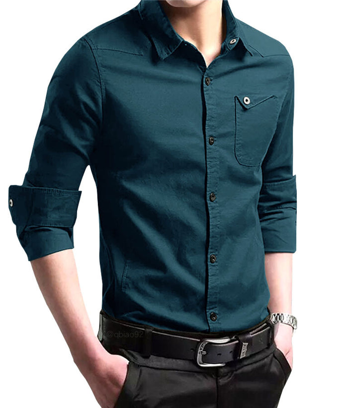 Men's Slim-Fit Cotton Shirt with Roll-Up Sleeves and Chest Pocket Mune Fashion