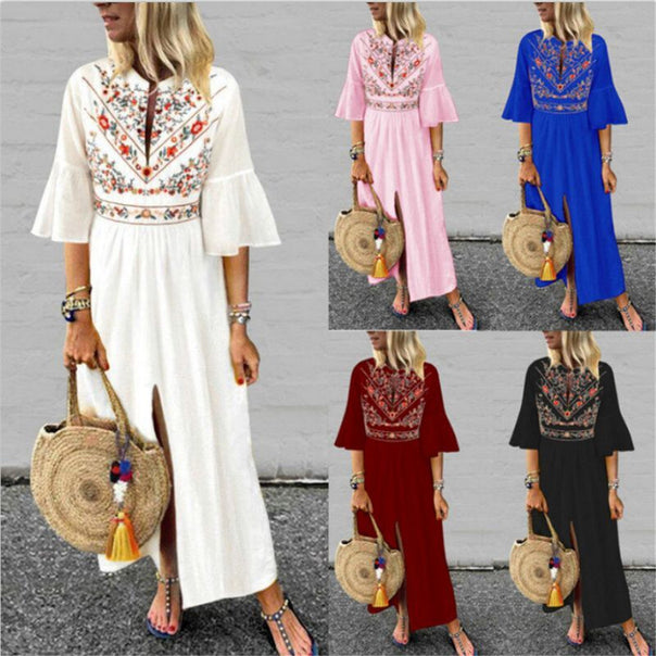 Women Embroidered Maxi Dress with Trumpet Sleeves, Waist Seam and Front Slit Mune Fashion
