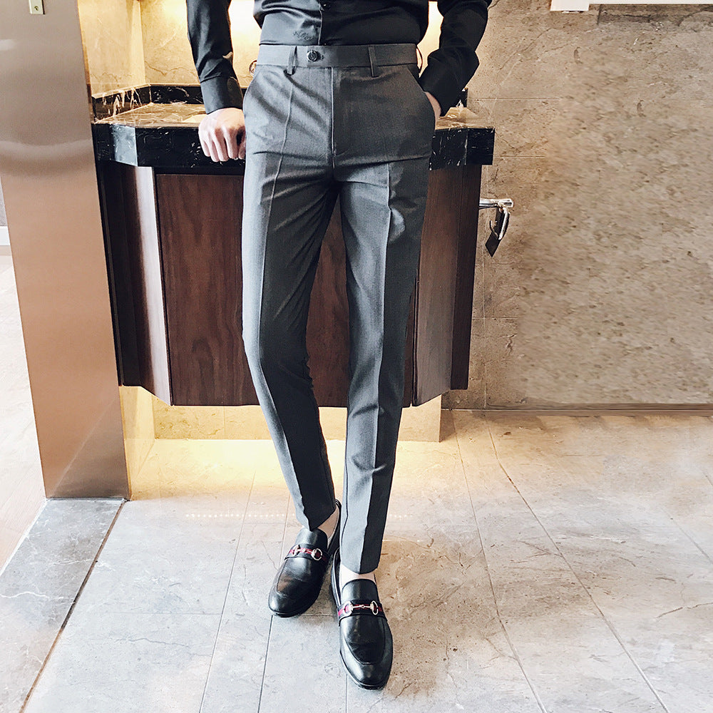 Men's narrow slim business pants with crease, mid-rise waistband, and tapered leg Mune Fashion