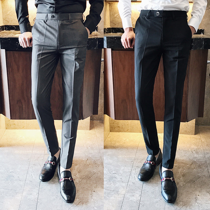 Men's narrow slim business pants with crease, mid-rise waistband, and tapered leg Mune Fashion
