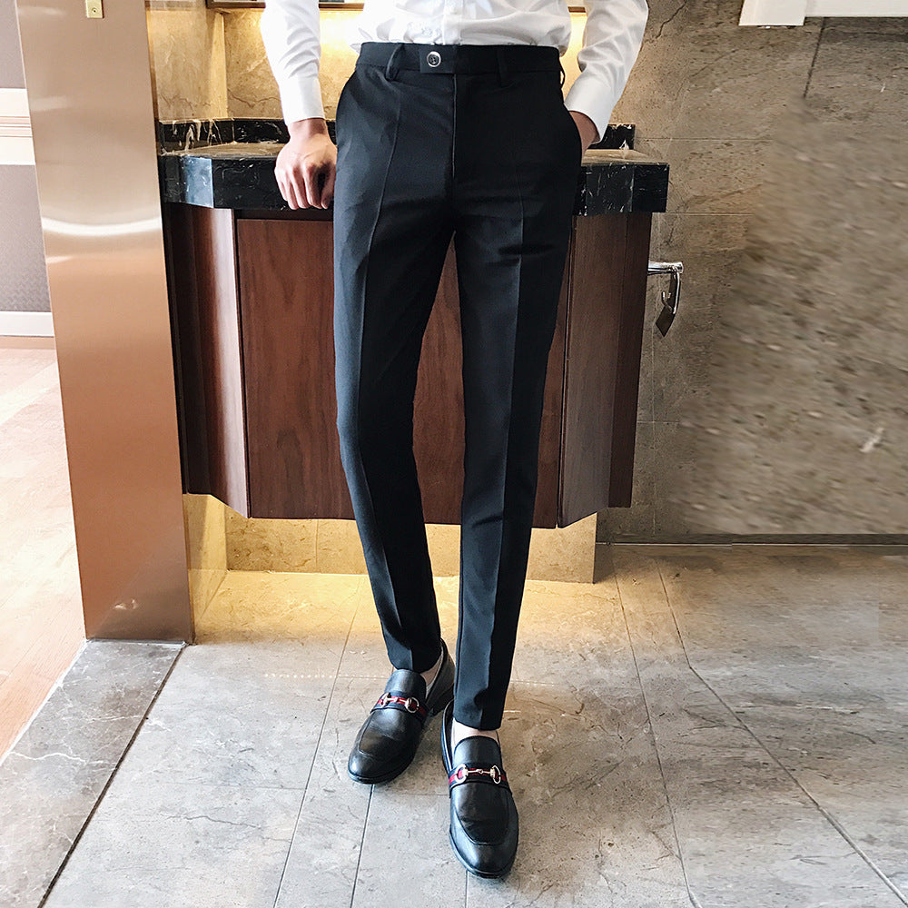 Men's narrow slim business pants with crease, mid-rise waistband, and tapered leg Mune Fashion
