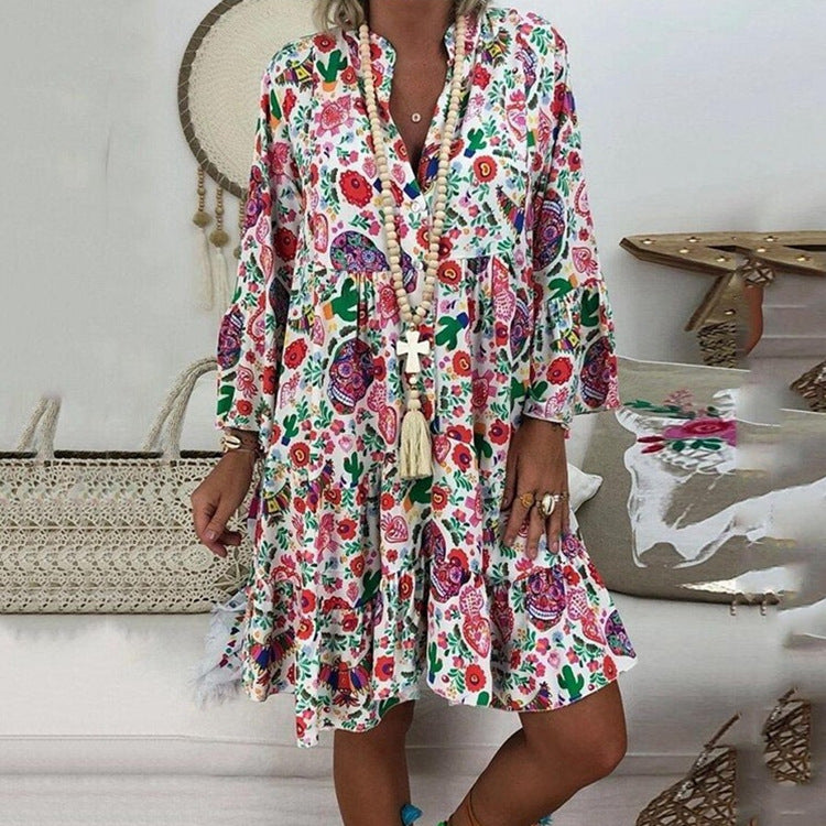 Women's A-line tunic mini dress with V-neck, tiered ruffles, and Boho bandana print Mune Fashion