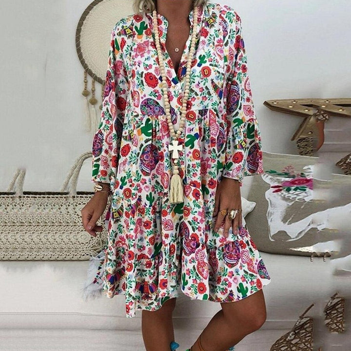 Women's A-line tunic mini dress with V-neck, tiered ruffles, and Boho bandana print Mune Fashion