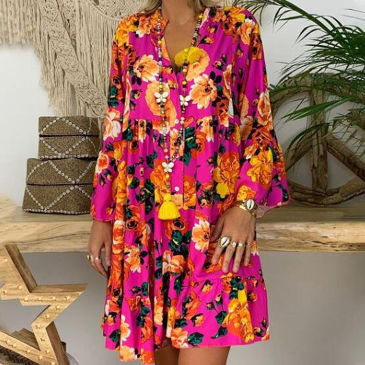 Women's A-line tunic mini dress with V-neck, tiered ruffles, and Boho bandana print Mune Fashion