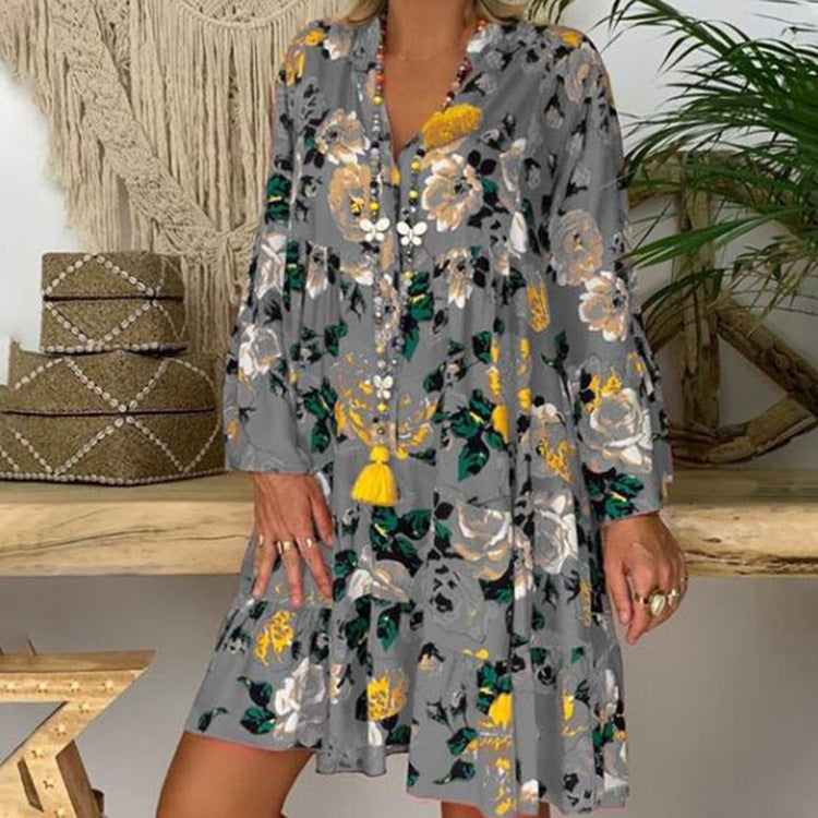 Women's A-line tunic mini dress with V-neck, tiered ruffles, and Boho bandana print Mune Fashion