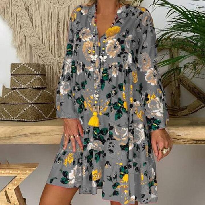 Women's A-line tunic mini dress with V-neck, tiered ruffles, and Boho bandana print Mune Fashion