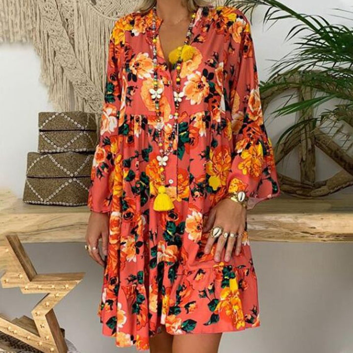 Women's A-line tunic mini dress with V-neck, tiered ruffles, and Boho bandana print Mune Fashion