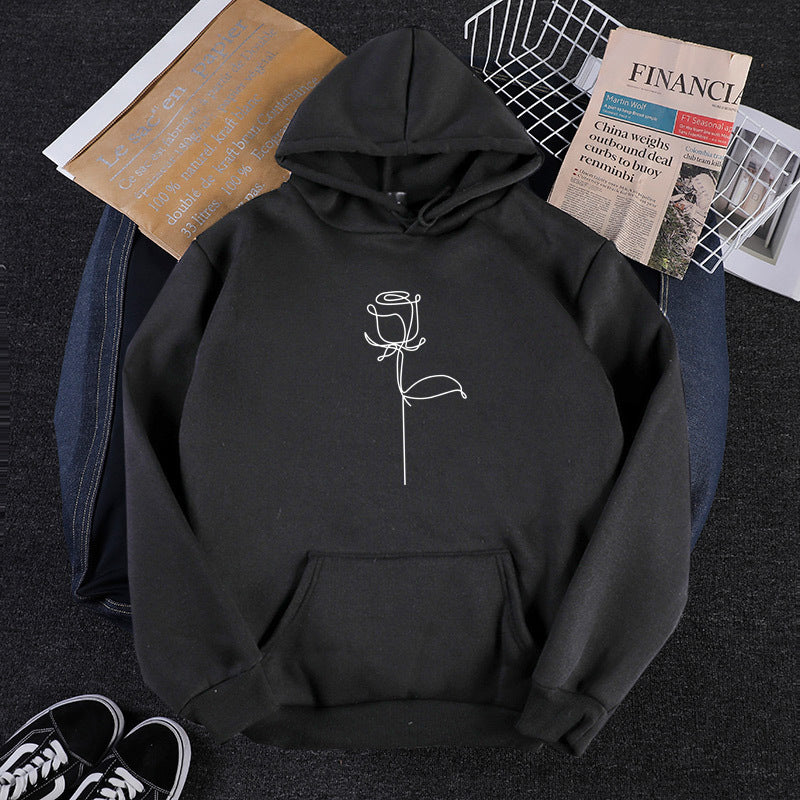 Unisex hoodie with minimalist rose line illustration, kangaroo pocket and brushed inner lining Mune Fashion