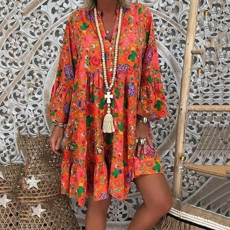 Women's A-line tunic mini dress with V-neck, tiered ruffles, and Boho bandana print Mune Fashion
