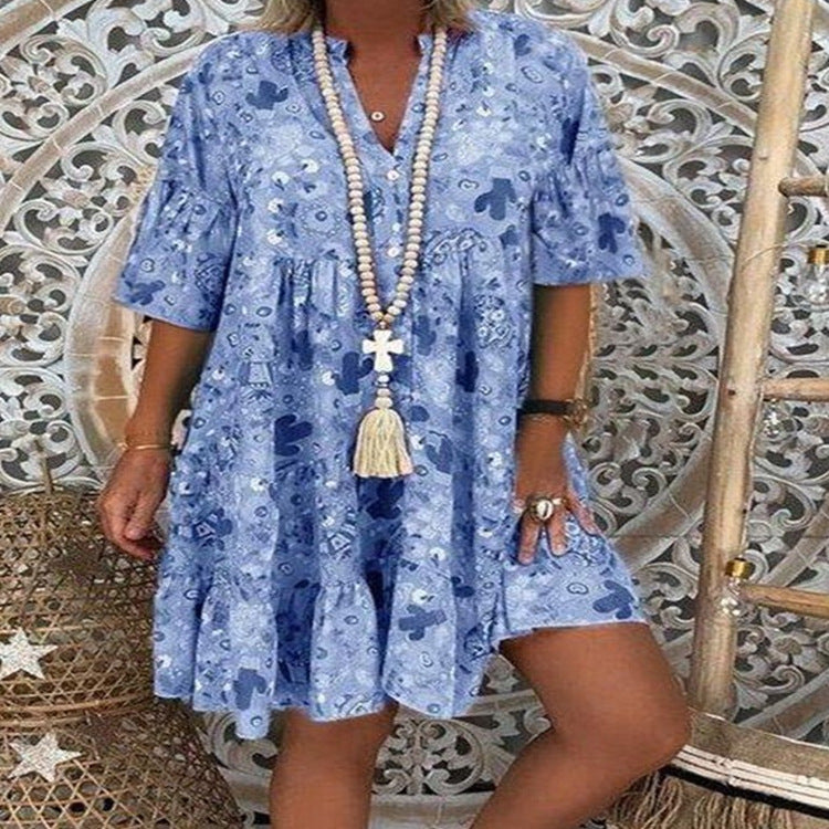 Women's A-line tunic mini dress with V-neck, tiered ruffles, and Boho bandana print Mune Fashion
