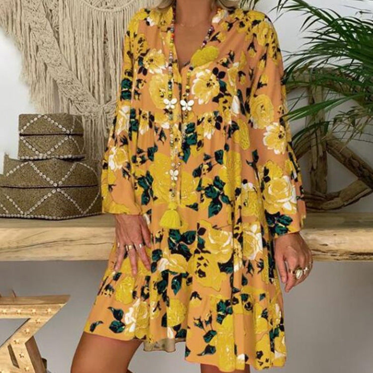 Women's A-line tunic mini dress with V-neck, tiered ruffles, and Boho bandana print Mune Fashion