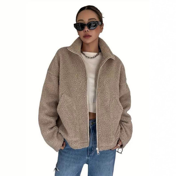 Women's fleece jacket with stand-up collar and zipper