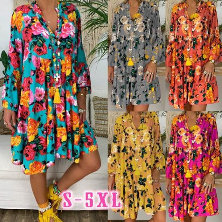 Women's A-line tunic mini dress with V-neck, tiered ruffles, and Boho bandana print Mune Fashion