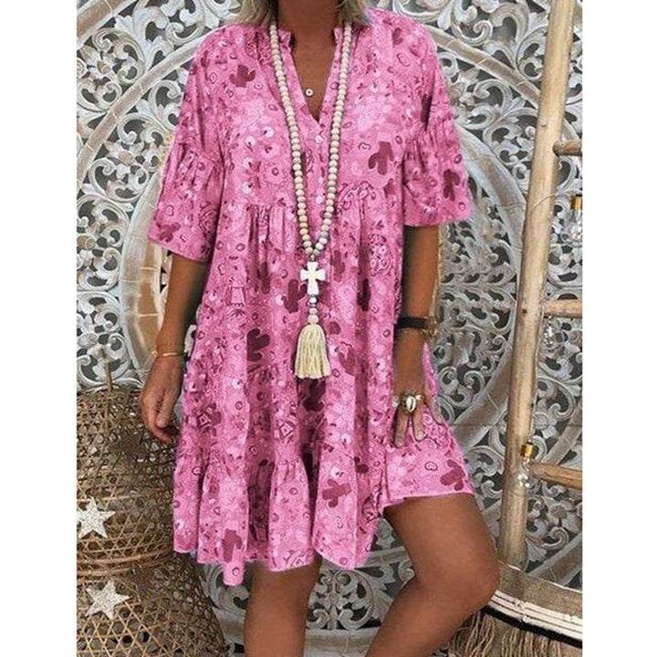 Women's A-line tunic mini dress with V-neck, tiered ruffles, and Boho bandana print Mune Fashion
