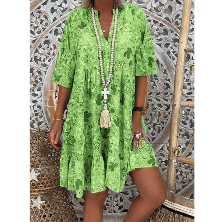 Women's A-line tunic mini dress with V-neck, tiered ruffles, and Boho bandana print Mune Fashion