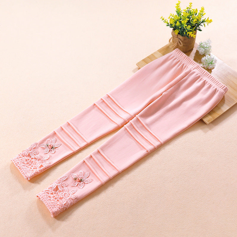 Girls' fashionable leggings with floral lace trim Mune Fashion