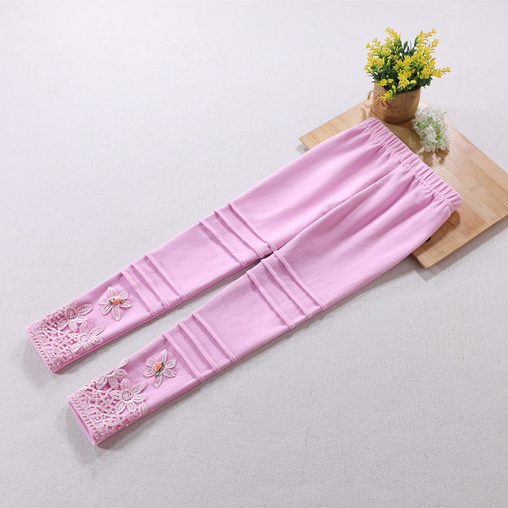 Girls' fashionable leggings with floral lace trim Mune Fashion