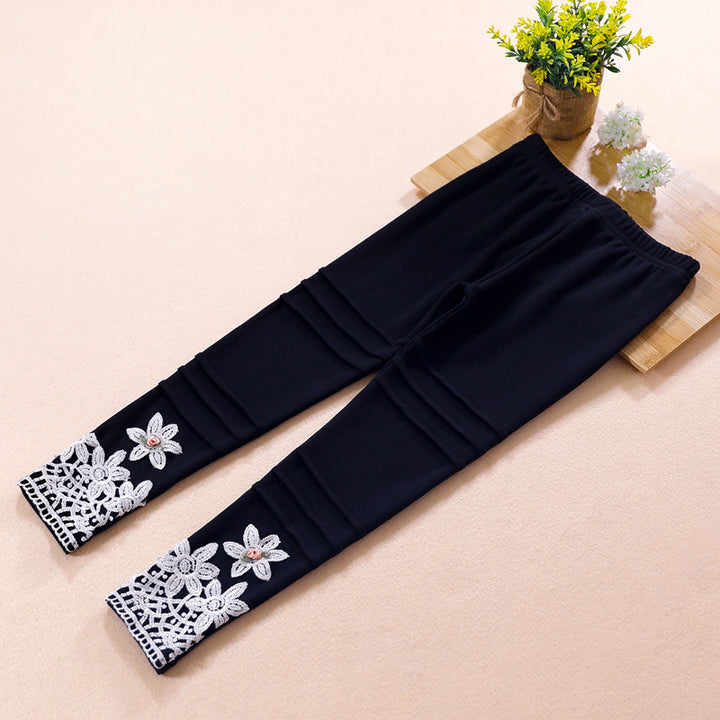 Girls' fashionable leggings with floral lace trim Mune Fashion
