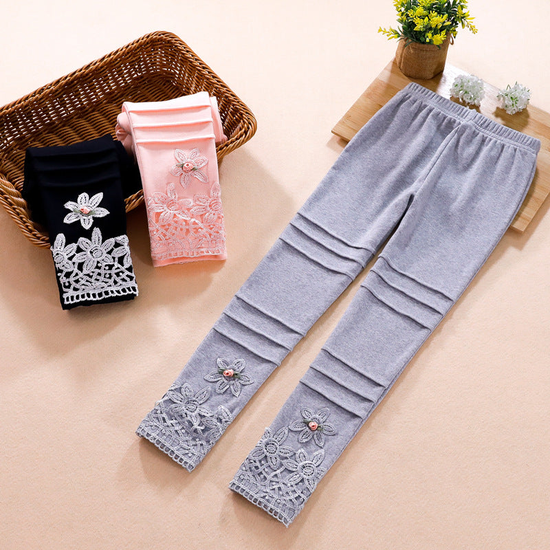 Girls' fashionable leggings with floral lace trim Mune Fashion
