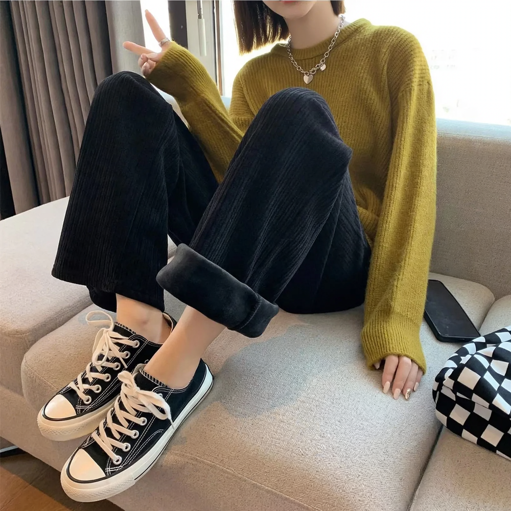 Cord wide pants with high waistband, loose fit