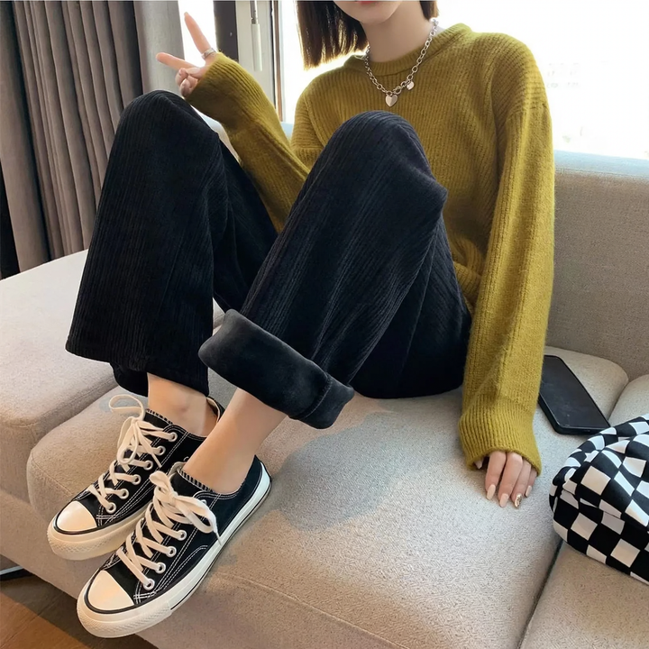Cord wide pants with high waistband, loose fit
