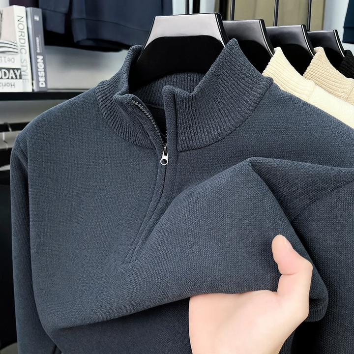 Warmer men's knitted sweater with lining and zipper