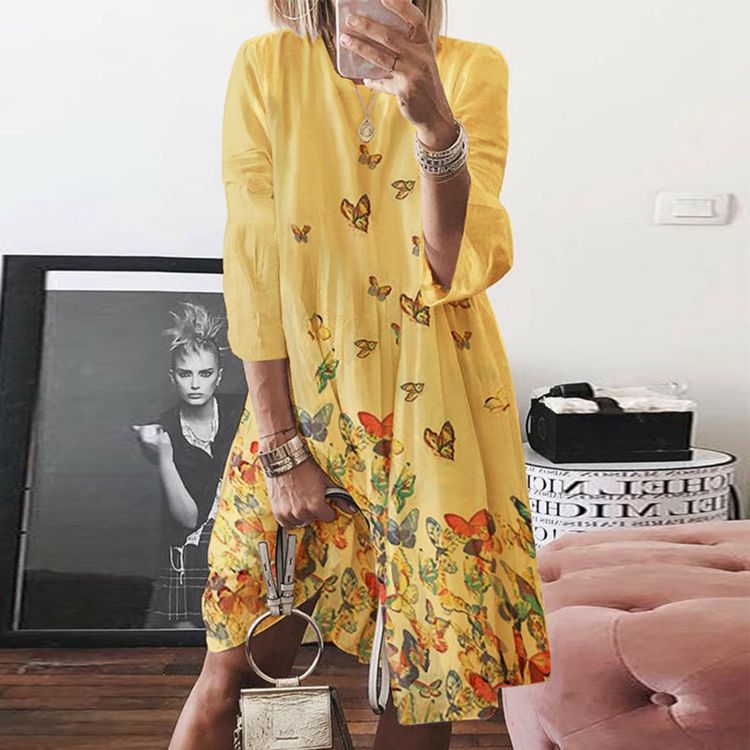 Women's airy midi dress with palm print, half-length sleeves and A-line cut Mune Fashion