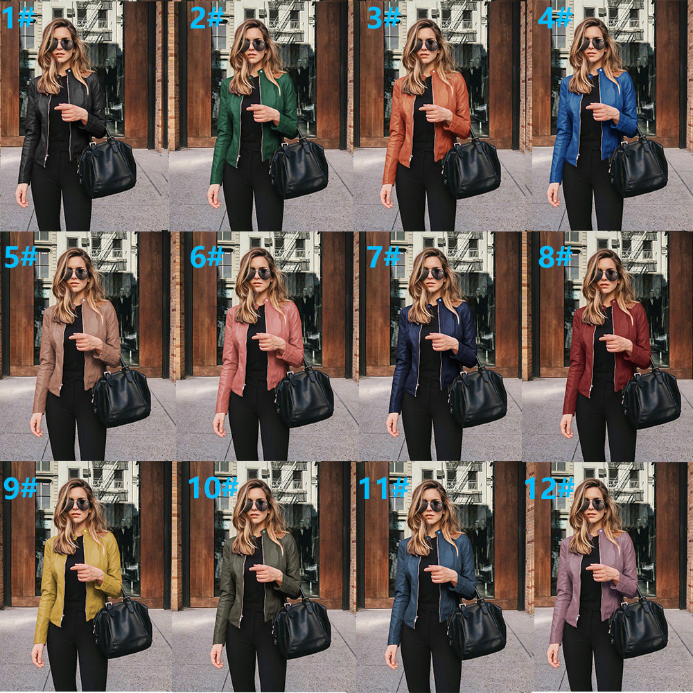 Women’s narrow cut leather jacket with stand-up collar and two-way zip Mune Fashion