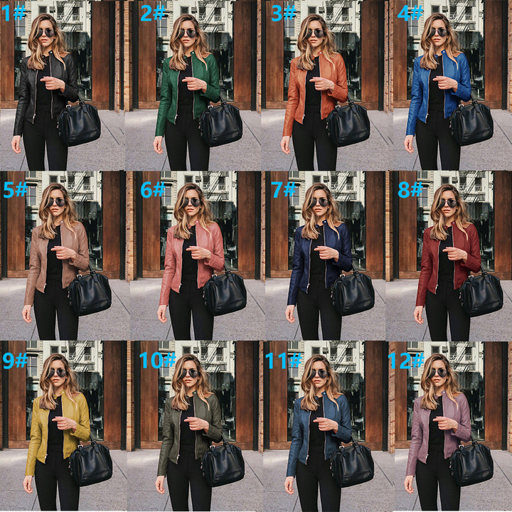 Women’s narrow cut leather jacket with stand-up collar and two-way zip Mune Fashion