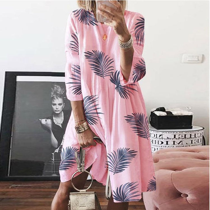 Women's airy midi dress with palm print, half-length sleeves and A-line cut Mune Fashion