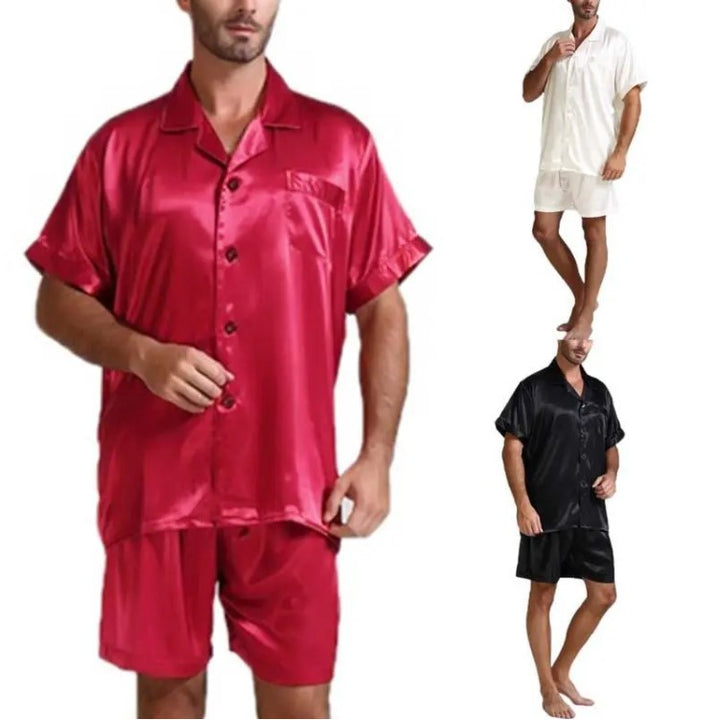 Unisex nan silky-shiny short-sleeve pajama set with shirt collar and elastic waistband Mune Fashion
