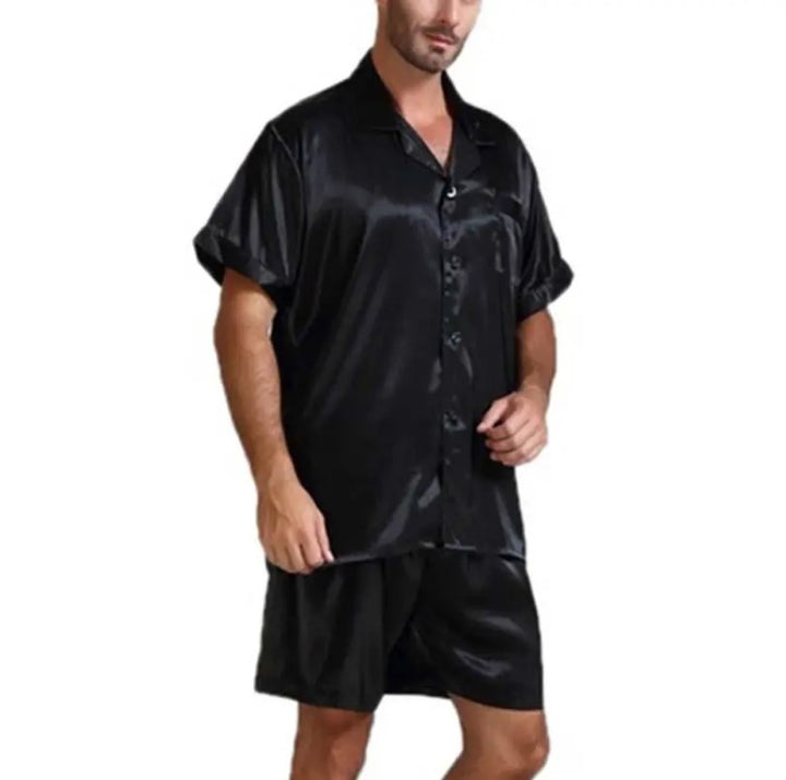 Unisex nan silky-shiny short-sleeve pajama set with shirt collar and elastic waistband Mune Fashion