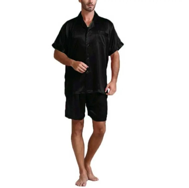 Unisex nan silky-shiny short-sleeve pajama set with shirt collar and elastic waistband Mune Fashion