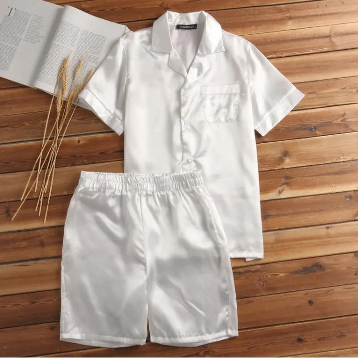 Unisex nan silky-shiny short-sleeve pajama set with shirt collar and elastic waistband Mune Fashion
