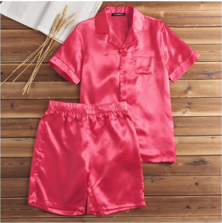 Unisex nan silky-shiny short-sleeve pajama set with shirt collar and elastic waistband Mune Fashion
