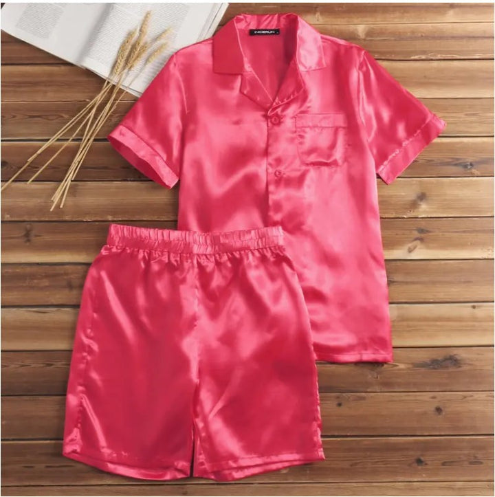 Unisex nan silky-shiny short-sleeve pajama set with shirt collar and elastic waistband Mune Fashion