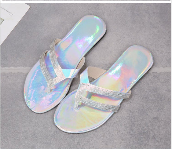 Women's holographic thong sandals-mule with double strap design and cushioned comfort footbed Mune Fashion