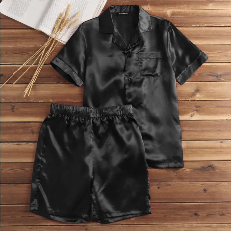 Unisex nan silky-shiny short-sleeve pajama set with shirt collar and elastic waistband Mune Fashion
