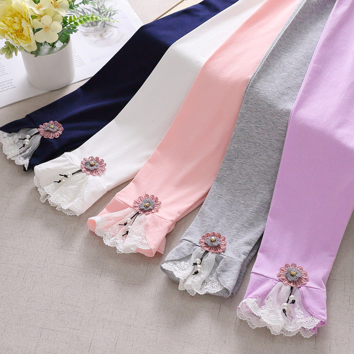 Girls leggings with enchanting floral and lace trim Mune Fashion