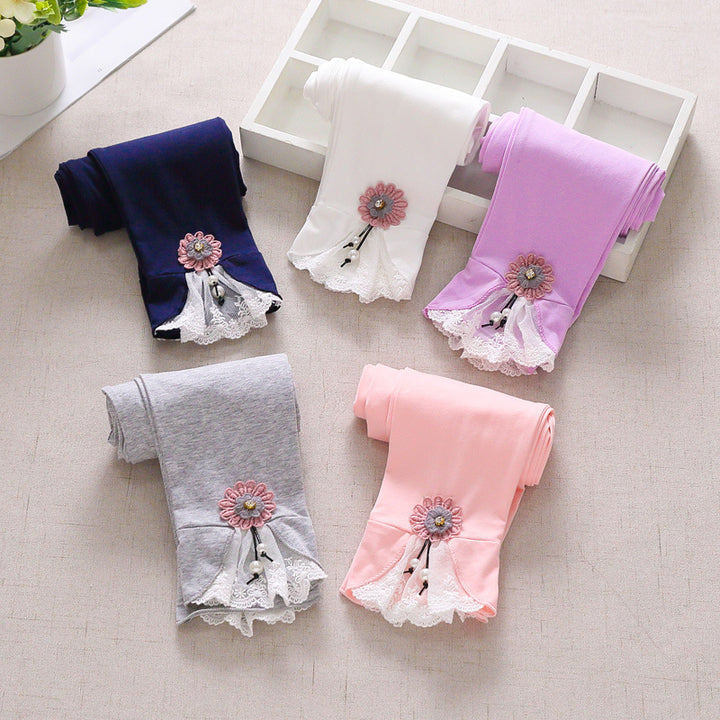 Girls leggings with enchanting floral and lace trim Mune Fashion