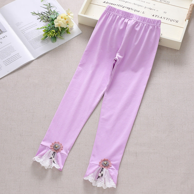 Girls leggings with enchanting floral and lace trim Mune Fashion