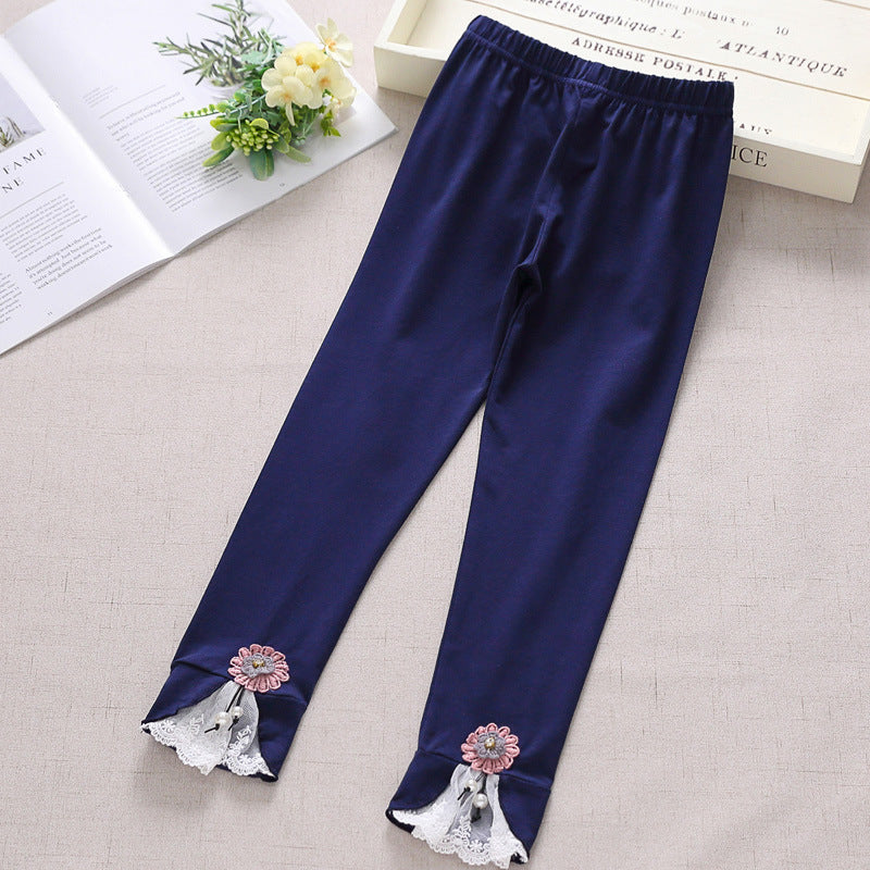 Girls leggings with enchanting floral and lace trim Mune Fashion