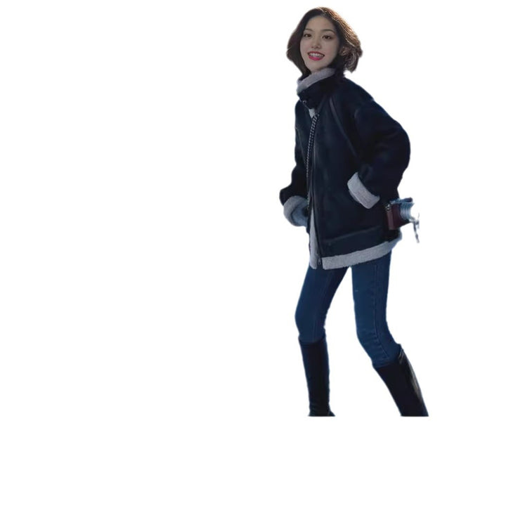 Women’s lambskin imitation jacket in biker style