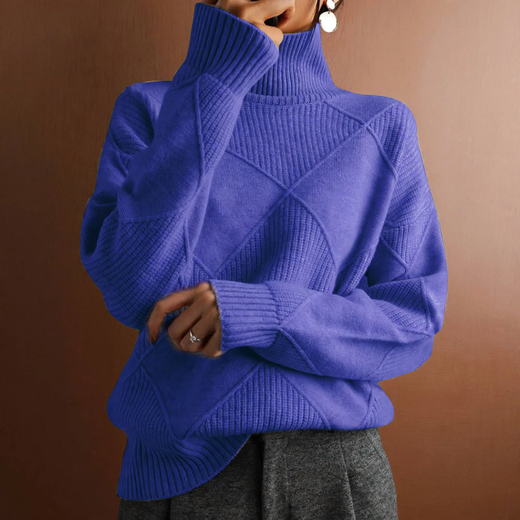 Women's knit sweater with high collar, solid color